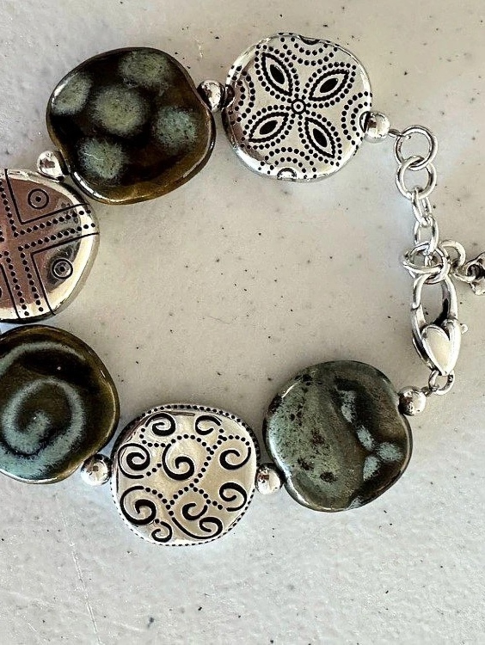 Brighton Kazuri Hand-Painted Ceramic & Silver Plated Disk Bracelet Boho
